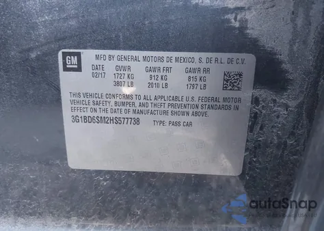 2017 Chevrolet Cruze Lt Manual z USA, uszkodzony, nr VIN 3G1BD6SM2HS577738